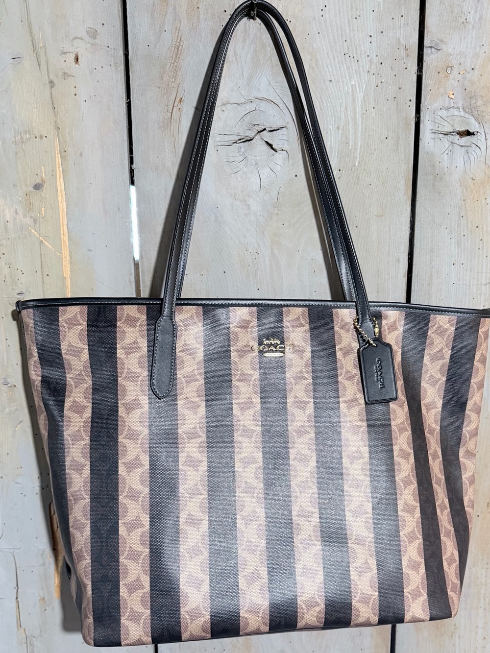 Coach Signature Stripe City Tote Bag - Brown/Black - Picture 2 of 8